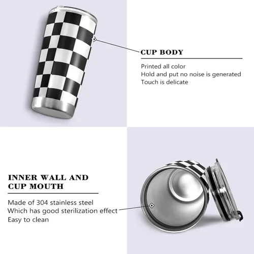 Miniatura 2 de CaTaKu Vaso de carreras con bandera a cuadros de 20 onzas con tapa y pajita, acero inoxidable a cuadros en blanco y negro, aislado al vacío, taza