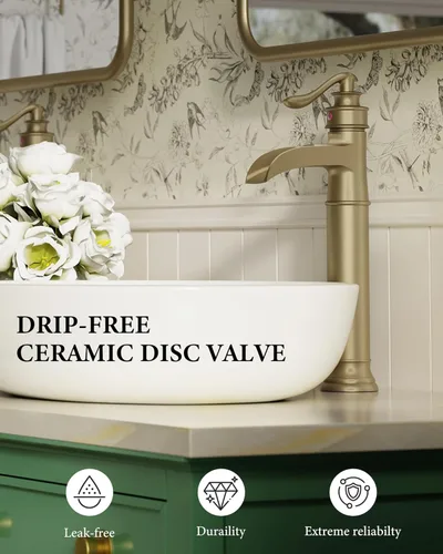 Miniatura 5 de Grifo de lavabo de lavabo de oro cepillado, grifo de baño alto de una sola manija, grifo de fregadero de un solo orificio con ensamblaje de drenaje