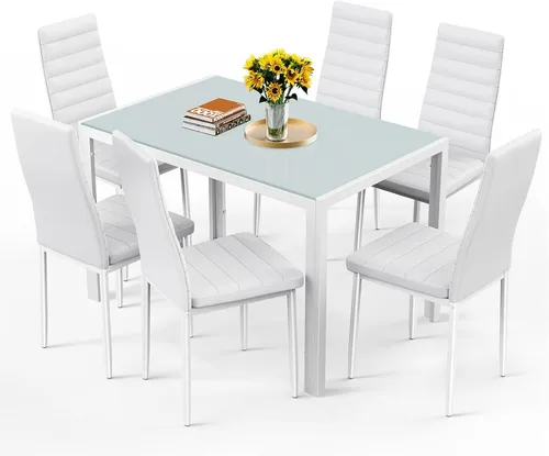 Miniatura 2 de Juego de mesa de comedor de cocina Bealife para 6, juego de mesa y sillas de 7 piezas de vidrio templado moderno para el hogar, cocina, sala