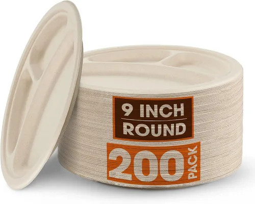 Miniatura 10 de Cheer Collection Platos de papel divididos compostables de 9 pulgadas, platos de papel 100% biodegradables de 3 secciones para alimentos calientes