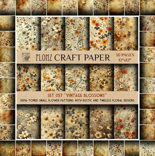 Papel para álbum de recortes (30 páginas 30 x 30 cm) Flores vintage: patrones pequeños de flores en tono sepia con diseños florales rústicos y