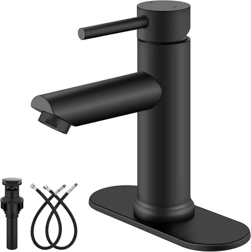 Aolemi Grifo de baño de un solo agujero, grifo de lavabo de baño de una sola manija con líneas de suministro, con drenaje desplegable y placa de
