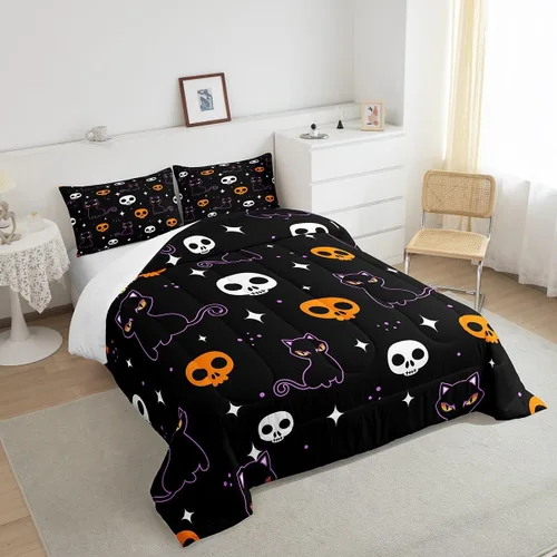 Miniatura 4 de Erosebridal Ropa de cama de Halloween para niños y niñas, juego de edredón espeluznante de dibujos animados, tamaño individual, relleno de edredón