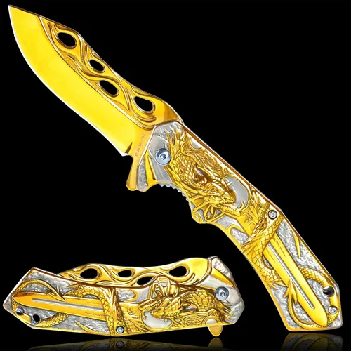 Vividstill Navaja de bolsillo para hombres, genial cuchillo plegable de bolsillo 3D DRAGÓN con clip, gran regalo EDC para hombres, ideal para Dorado