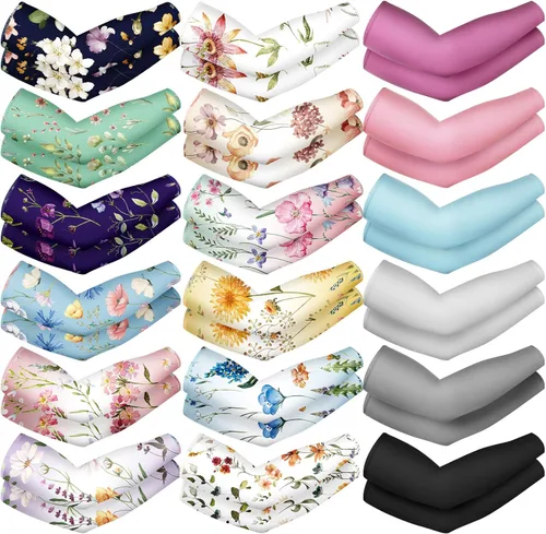 Jeyiour 18 pares de mangas de jardinería con protección solar UV para mujeres y hombres, patrón de flores, color sólido, enfriamiento, verano,