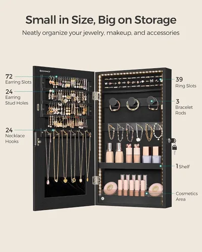 Miniatura 4 de SONGMICS Armario de joyería con espejo con luces LED integradas, organizador de almacenamiento de joyas montado en la pared o en la puerta, 3.8 x