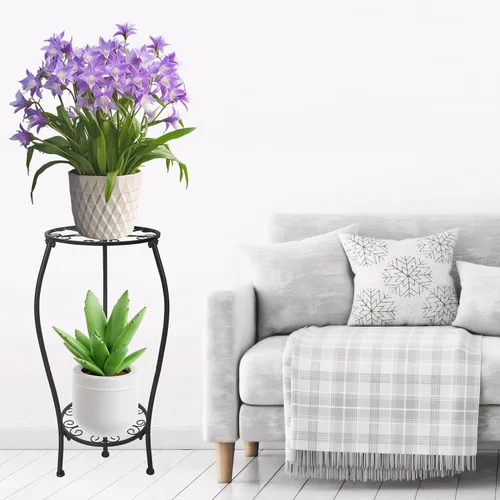 Miniatura 4 de Soporte de metal para plantas de 2 niveles para interiores y exteriores, estante alto para macetas, soporte de esquina estable a prueba de óxido