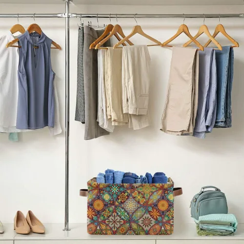 Miniatura 4 de Cesta de almacenamiento con diseño étnico bohemio y floral de mandala grande, caja de almacenamiento plegable para juguetes, organizador de ropa
