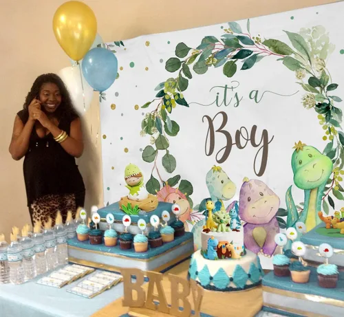 Miniatura 6 de Fondo de 7 x 5 pies con texto en inglés "It's a Boy" para baby shower, dinosaurio, cactus y hojas de eucalipto, fondo para fotografía, suministros