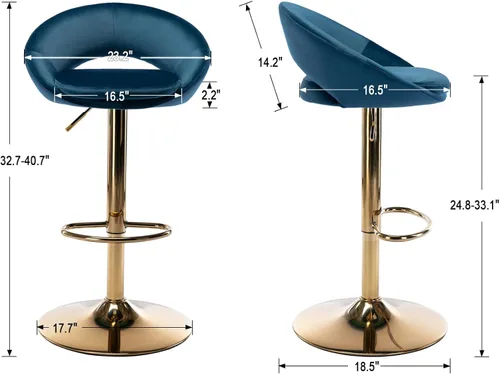 Miniatura 2 de Juego de 2 taburetes de bar giratorios de terciopelo con respaldo abierto, altura de barra ajustable tapizada, taburetes de bar modernos de altura
