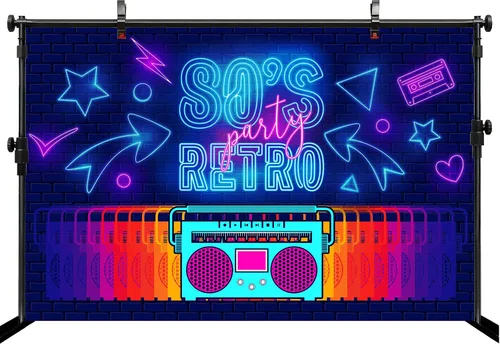 Miniatura 3 de Telón de fondo retro de 5 x 3 pies para fiesta de los años 80 con letras de neón Boombox, cinta de cassette de ladrillo para fiesta temática