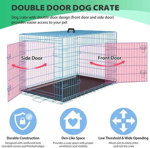Miniatura 3 de BestPet Jaula para perros 24 pulgadas Azul Perrera de metal plegable con puertas dobles, pestillos seguros de perno deslizante, bandeja a