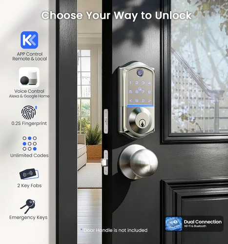 Miniatura 2 de Veise VE017G - Cerradura de puerta de entrada sin llave Wi-Fi, control remoto de aplicación y control de voz, cerraduras inteligentes de huellas