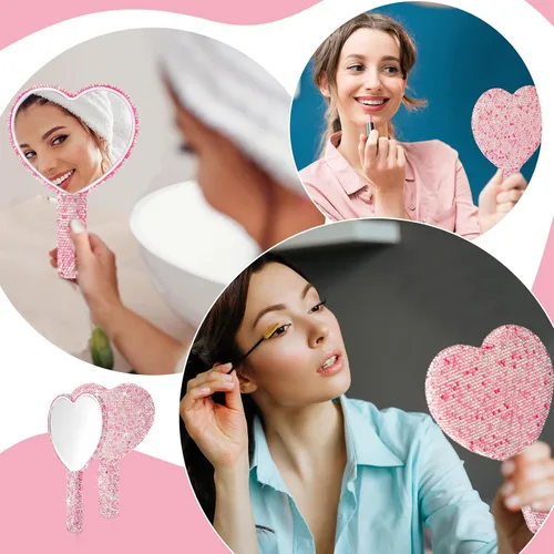 Miniatura 6 de Thyle Juego de 4 piezas de espejo de mano con diamantes de imitación y cepillo para el cabello, 2 bonitos espejos en forma de corazón, 2 cepillos