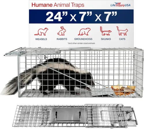 Miniatura 11 de Trampa humana para gatos callejeros de 24 pulgadas, jaula de animales vivos para gatitos salvajes, zarigüeya, mapache, conejo, armadillo, trampa