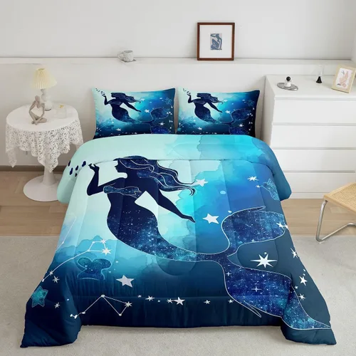 Miniatura 18 de Erosebridal Juego de edredón de sirena para niños, tamaño matrimonial, para niñas, ropa de cama de sirena brillante azul y rosa, juego de ropa