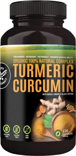 SUPREME HERBALS, Cápsulas de curcumina de cúrcuma 100% cruda y orgánica. Certificado orgánico, sin gluten, sin OMG y sin cafeína. Mejorado con ajo,