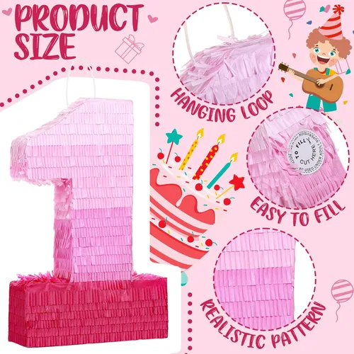 Miniatura 3 de Sratte Piñata con números de piñata rosa, decoraciones de cumpleaños, degradado con palo, confeti para niñas y niños, suministros de decoración