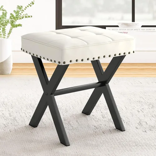 LUE BONA Taburete de tocador blanco, asiento cuadrado de piel sintética con patas en X de metal, pequeña silla otomana para sala de maquillaje, sala