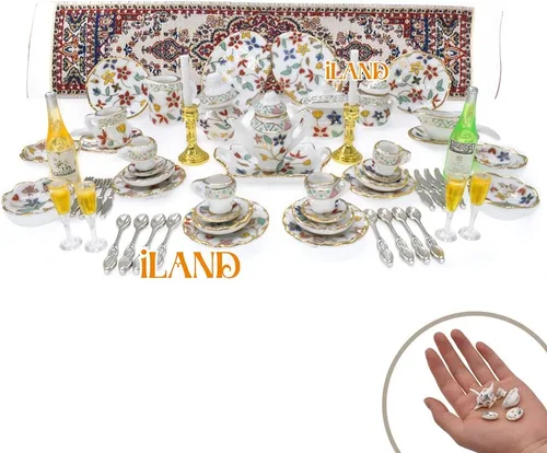 Miniatura 2 de iLAND - Juego de 16 piezas de té miniatura de porcelana en miniatura con camino de mesa, accesorios de elfo, bonita decoración de casa de muñecas