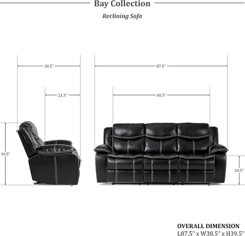 Miniatura 6 de Lexicon Bay - Juego de sofá reclinable manual, 2 piezas, color negro