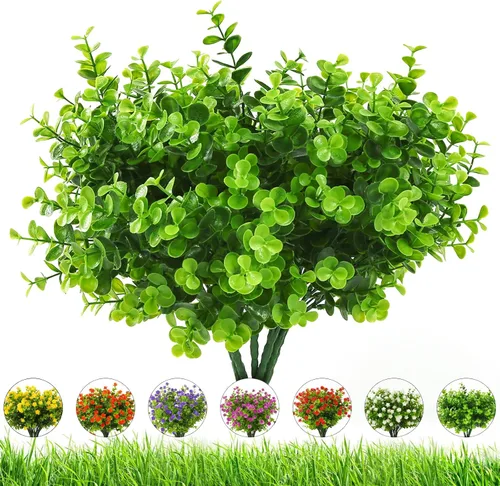 Flores artificiales para exteriores, 8 paquetes de flores falsas resistentes a los rayos UV, flores sintéticas de plástico para exteriores, plantas