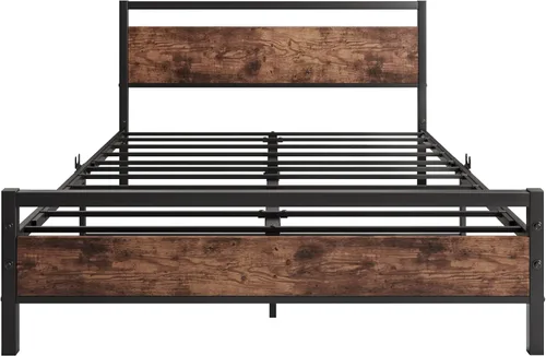 Miniatura 8 de HOJINLINERO Base de cama de tamaño matrimonial con cabecero, plataforma resistente, marco de cama de acero reforzado con plataforma de tubo Marrón