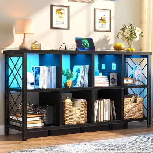 Miniatura 10 de DurayLoly Organizador de almacenamiento de 6 cubos con luz LED y estación de carga, estante de cubos de madera y metal, estante de libros horizontal