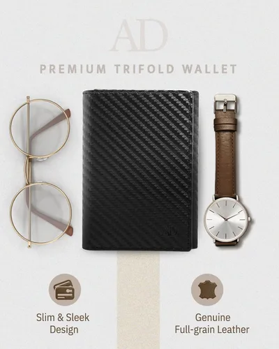 Miniatura 8 de Billetera de triple pliegue con RFID, cuero genuino, delgado, con ventana de identificación, bolsillo frontal, regalo para hombre