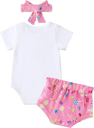 Miniatura 2 de ESHOO Conjunto de mameluco para bebé niña con estampado de caramelo, pantalones acampanados, diadema