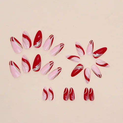 Miniatura 3 de Uñas postizas a presión de color rojo vino brillante, uñas postizas largas de almendra, uñas postizas onduladas doradas irregulares con pegamento
