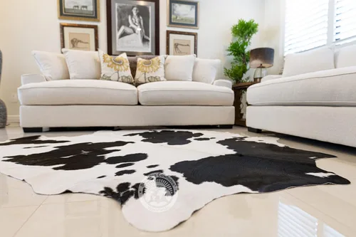 Miniatura 5 de Sunshine Cowhides Alfombra de piel de vaca 100 % auténtica, color blanco y negro, alfombra de estilo moderno de piel de animal y alfombra para sala