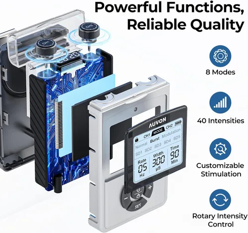 Miniatura 11 de AUVON - Unidad TENS Digital Recargable, Estimulador Muscular con Batería de 600 mAh, Máquina TENS con 8 Modos Personalizables, Masajeador Eléctrico