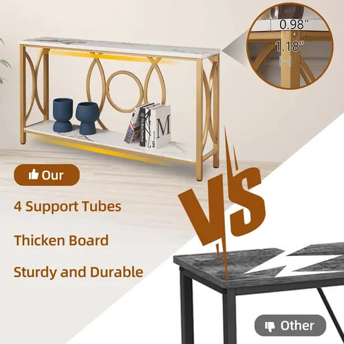 Miniatura 6 de HOMISSUE Mesa consola de sofá, moderna mesa consola dorada con mesa de mármol sintético, mesas de entrada de madera de ingeniería con almacenamiento