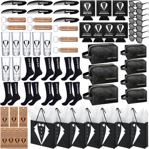 Miniatura 9 de 60 piezas de regalos para padrinos de boda, caja de propuesta para padrinos de boda con vasos de chupito, calcetines, gafas de sol, bolsa de aseo