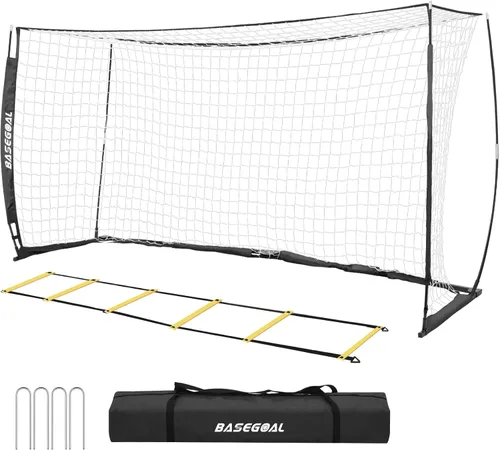 Miniatura 9 de BaseGoal Portería de Fútbol, Red de Fútbol, Porterías de Fútbol para Patio Trasero, con Marco de Lazo, Base Metálica Plegable y Escalera de Agilidad