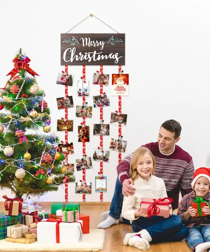 Miniatura 3 de Soporte de Exhibición para Tarjetas de Navidad, Decoración de Pared de Navidad, Marco de Fotos de Navidad de Madera con 30 Clips para Colgar Fotos