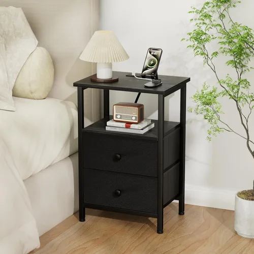 Miniatura 2 de LOAKEKEL Mesita de noche, mesita de noche con estación de carga, mesa auxiliar con almacenamiento 2 cajones de tela para dormitorio, mesa auxiliar