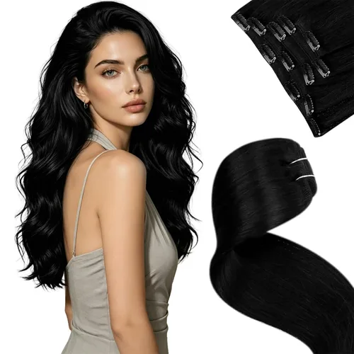 LaaVoo Extensiones de cabello humano real con pinzas, extensiones de cabello humano negro azabache, extensiones de cabello liso y suave, 12