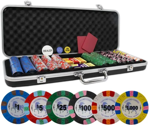 DA VINCI Unicorn All Clay - Juego de fichas de póquer con 500 fichas auténticas de casino con peso de 0.32 oz, funda ABS negra, 2 barajas de cartas