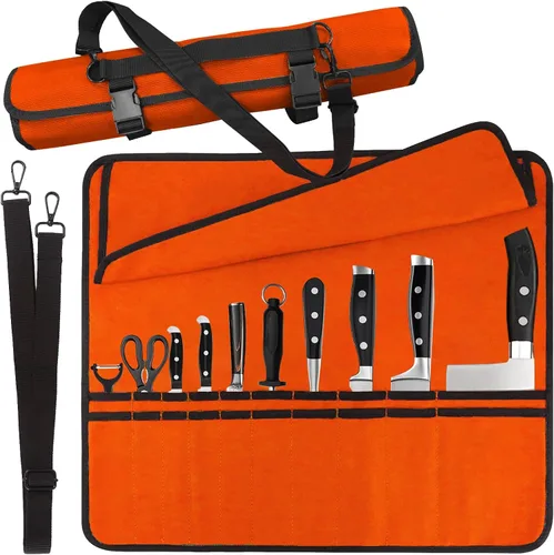 QIQU Bolsa Naranja para Cuchillos de Chef con 20 Ranuras, Porta Cuchillos y Cubiertos, Protectores, Herramientas de Cocina para el Hogar, Viajes,