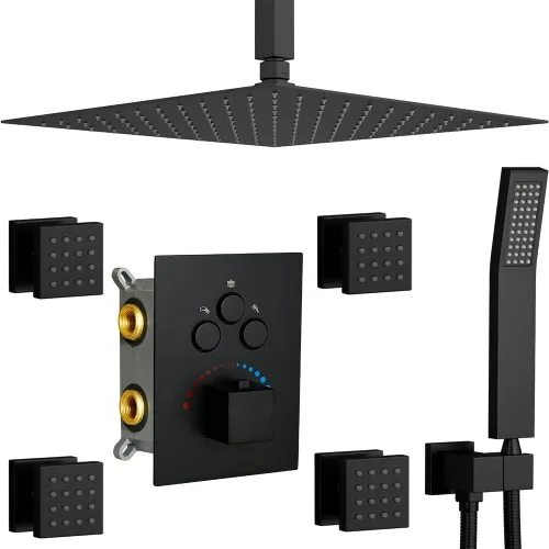 Sistema de ducha de cuerpo completo, juego completo de grifos de ducha negros de 16 pulgadas, cabezal de ducha termostático de 3 vías, rociadores de