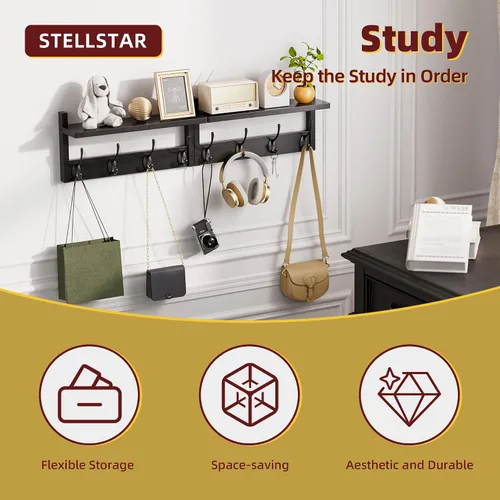 Miniatura 5 de STELLSTAR Perchero con estante, paquete de 2 perchas de bambú para montar en la pared con 8 ganchos para entrada, pasillo, cocina, baño, sala