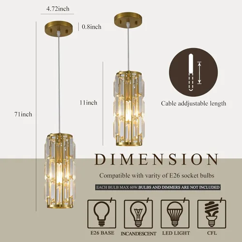 Miniatura 3 de Luces Colgantes Luz Colgante Dorada Moderna, Mini Lámpara Colgante de Cristal, Iluminación Colgante Ajustable para Cocina, Comedor y Dormitorio