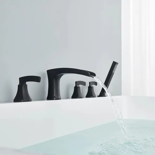 Miniatura 3 de Grifo de bañera romana, grifo de bañera en cascada, grifo de bañera negro de montaje en cubierta, 5 agujeros, grifos de baño de latón con ducha