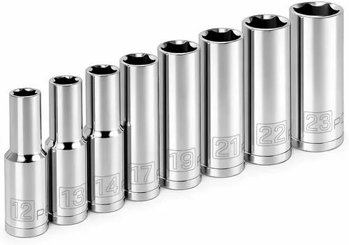 Powerbuilt Juego de 8 llaves de vaso métricas de 6 puntos de 1/2 pulgada, tamaños de 0.472 in a 0.906 in, empuñaduras Z-Drive, acero al cromo