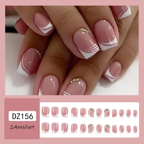 Miniatura 2 de LPOODDNU Uñas postizas cortas de punta francesa a presión, uñas postizas cuadradas, uñas acrílicas rosas con diamantes de imitación, puntas de uñas