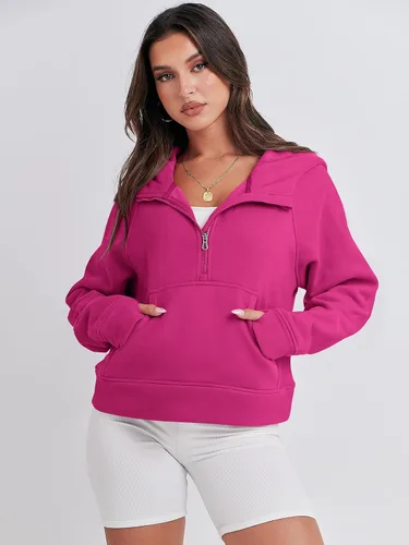 Miniatura 3 de ANRABESS Sudaderas con capucha corta con media cremallera para mujer, sudadera de forro polar con cremallera de un cuarto, ropa de invierno 2023