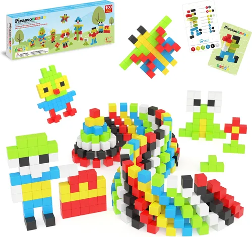 Miniatura 10 de PicassoTiles 102 piezas Cubo de rompecabezas magnético de píxeles de 1" Mezcla y combina juguetes con Ideabook STEM Educación de aprendizaje Bloques