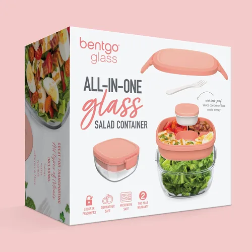 Miniatura 7 de Bentgo Recipiente de Ensalada de Vidrio Todo en Uno - Ensaladera Grande de 61 oz con Tapa, Bandeja Estilo Bento de 4 Compartimentos, Recipiente